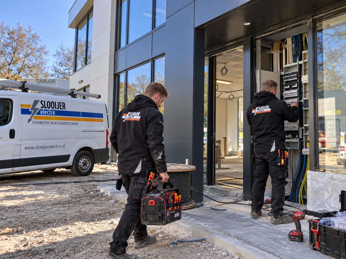 Monteurs van Slooijer Electro aan het werk op een bouwproject